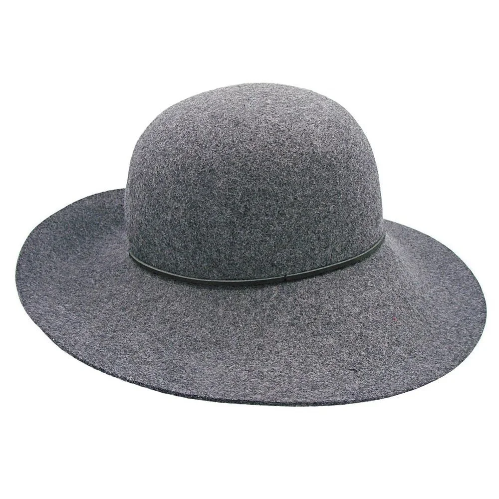 PHENIX Womens Wide Brim Floppy Hat Gray Wool Leather Trim One Size Event Church
